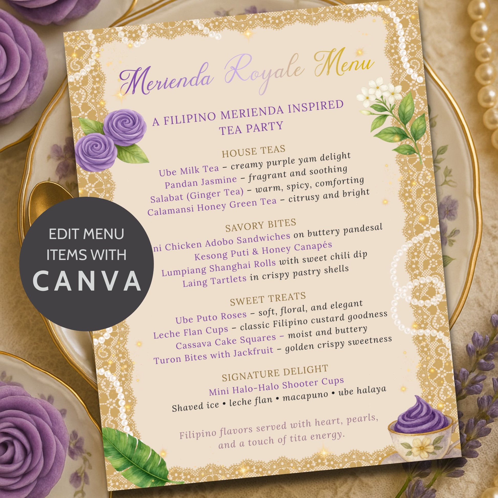 Editable Filipino Tea Party Menu Template – Merienda Royale in ube and gold luxe theme with sampaguita florals and elegant layout, printable 8.5x11 Canva design by Given Crafted Wonders.