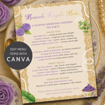 Editable Filipino Tea Party Menu Template – Merienda Royale in ube and gold luxe theme with sampaguita florals and elegant layout, printable 8.5x11 Canva design by Given Crafted Wonders.