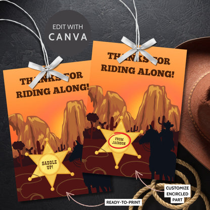 Wild West editable thank you gift tags printable for cowboy party favors with rustic Western design and "Thanks for Riding Along" message.