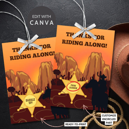 Wild West editable thank you gift tags printable for cowboy party favors with rustic Western design and "Thanks for Riding Along" message.