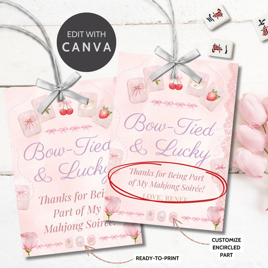 Pink tags with 'Bow-Tied & Lucky' text and cherry designs on a white wooden background.