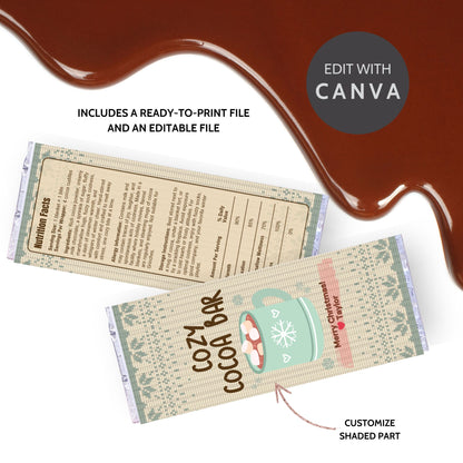 Printable Cozy Cocoa Bar chocolate wrapper with festive cocoa mug design, editable “Merry Christmas” message, and snowflake accents in warm holiday tones.