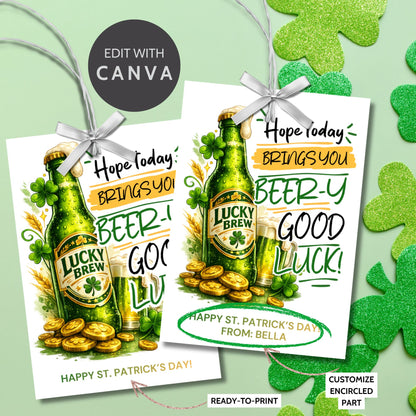St. Patrick’s Day printable gift tag featuring a green beer-inspired drink with the phrase “Hope Today Brings You Beery Good Luck.” The festive design includes shamrocks and lucky elements. Tags are sized 2.5 x 3.5 inches, arranged 8 per 8.5 x 11 printable sheet, and available as a printable PDF and editable Canva template.