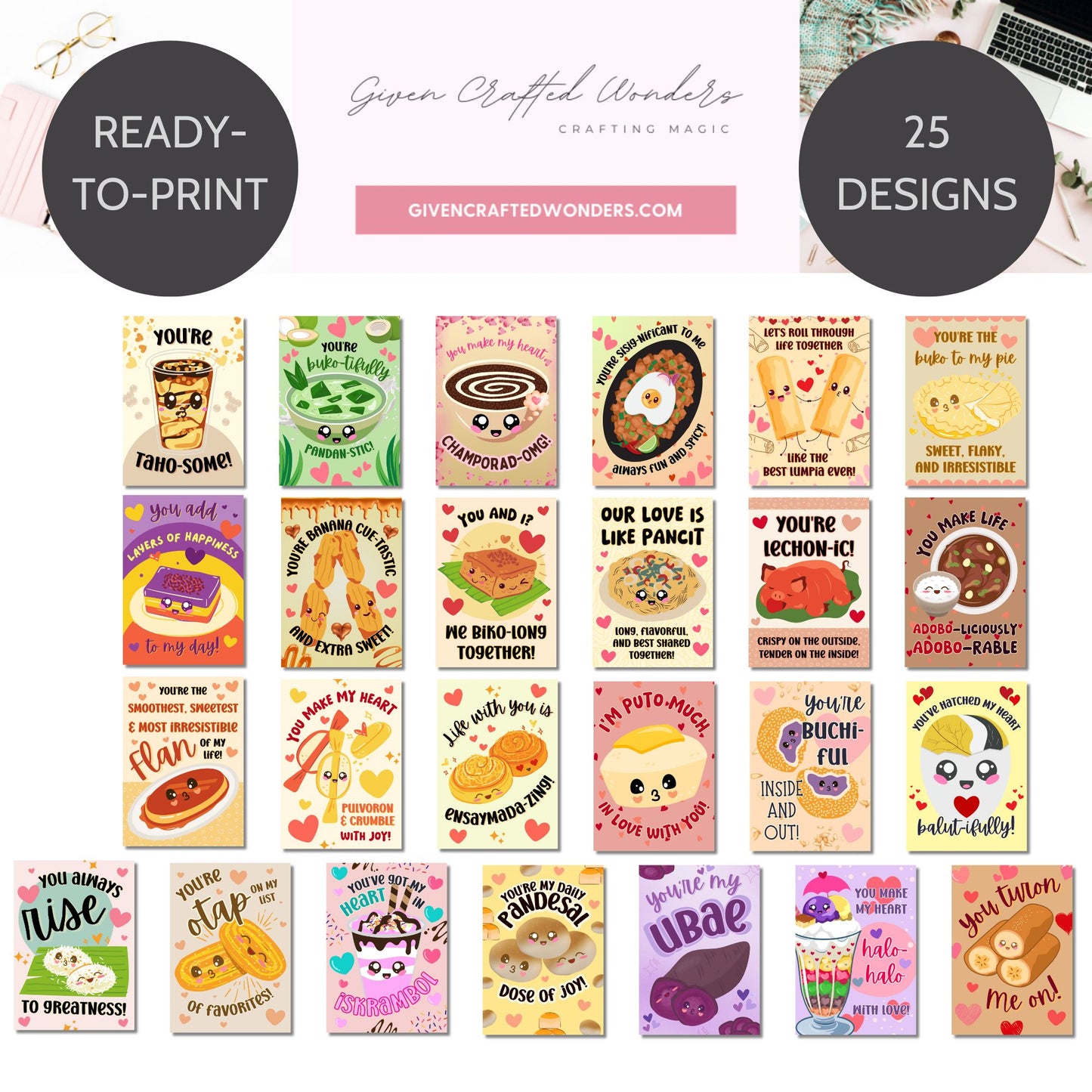 A collection of 25 printable Filipino food-themed Valentine’s Day cards featuring adorable kawaii-style illustrations of classic Filipino dishes such as taho, ube, lechon, pancit, halo-halo, and more. Each card has a pun-filled message, making them perfect for food lovers and cultural enthusiasts. Printable in 5x7 inches, laid out on 8.5 x 11 sheets.