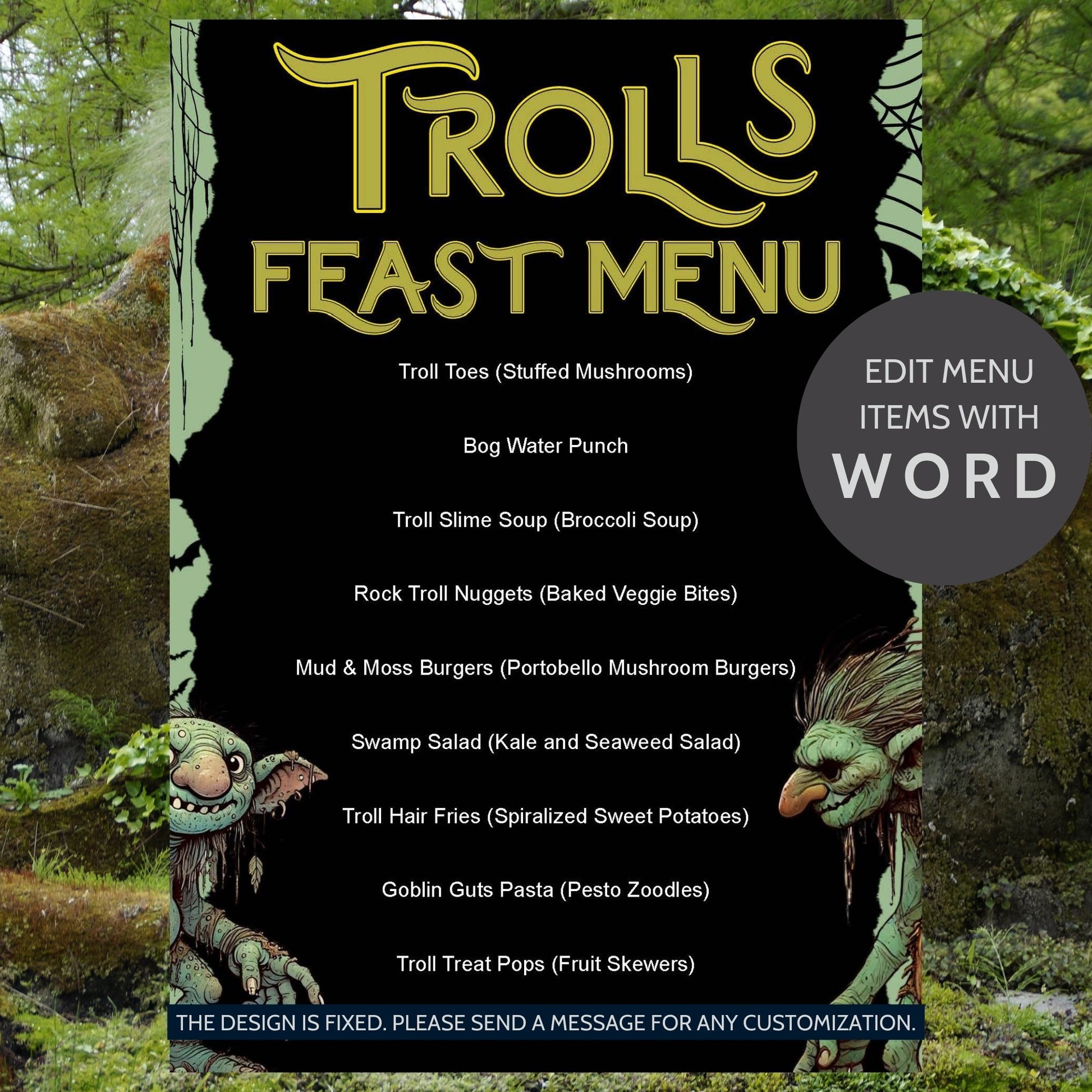 Editable Trolls Feast Menu featuring spooky, fantasy-themed food items like Troll Toes, Bog Water Punch, and Goblin Guts Pasta, perfect for Halloween or fantasy-themed parties.