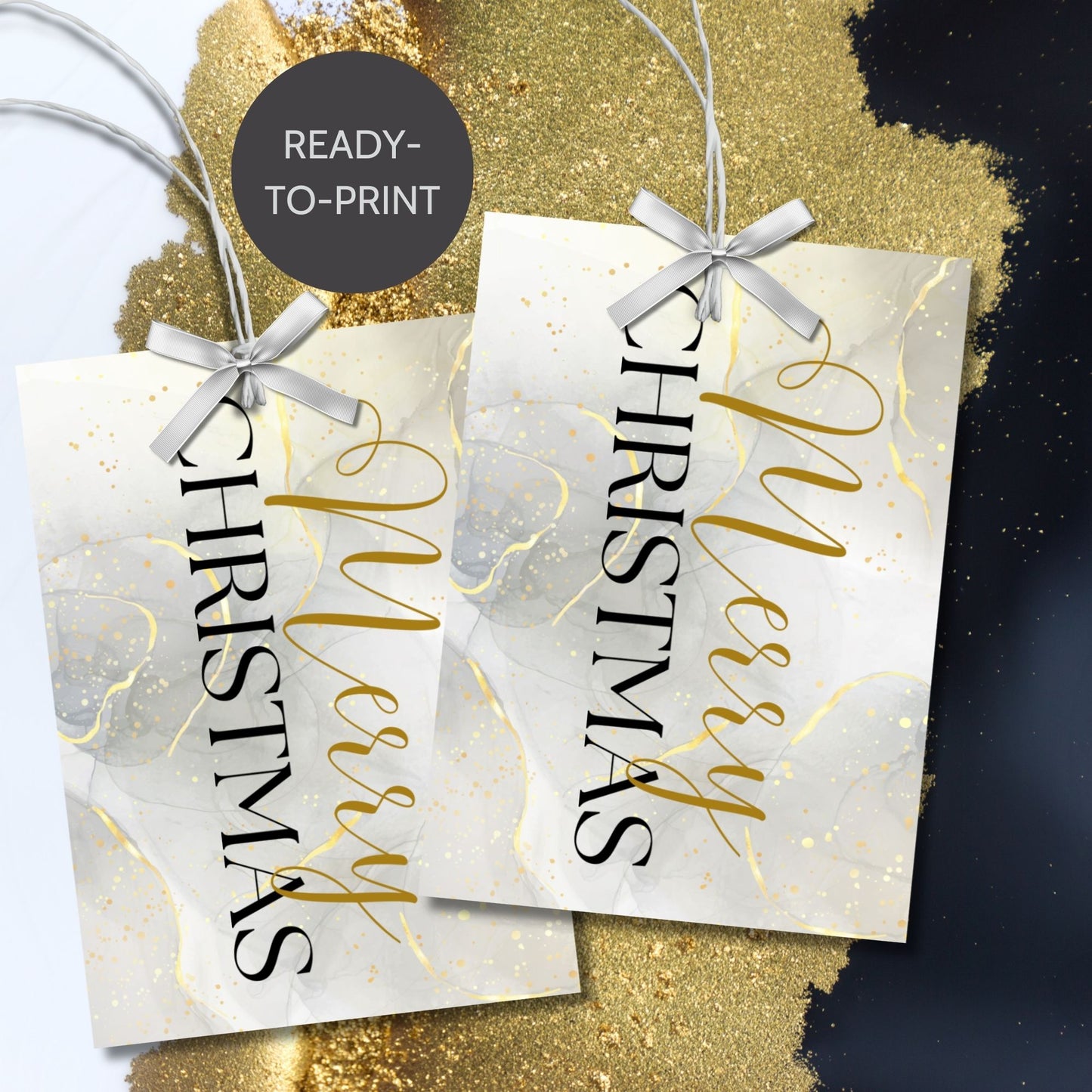 Luxury Christmas gift tags featuring a marble background with gold accents and black "Merry Christmas" typography, sized 2.5 x 3.5 inches, 8 tags per sheet.