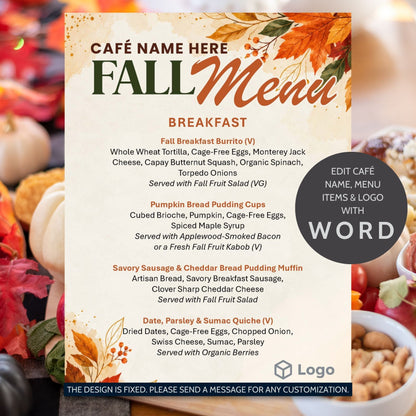 Editable Fall Menu Template featuring warm autumn leaves, seasonal watercolor accents, customizable menu text, café name, and logo placeholder.