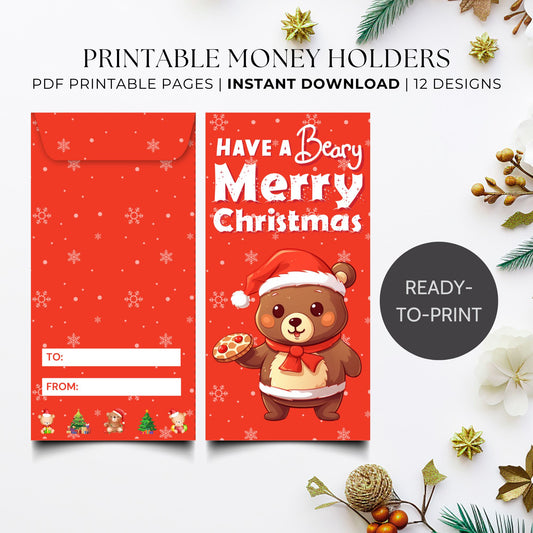 Printable Christmas money holders with cute bears – 12 festive holiday cash and gift card envelope designs.
