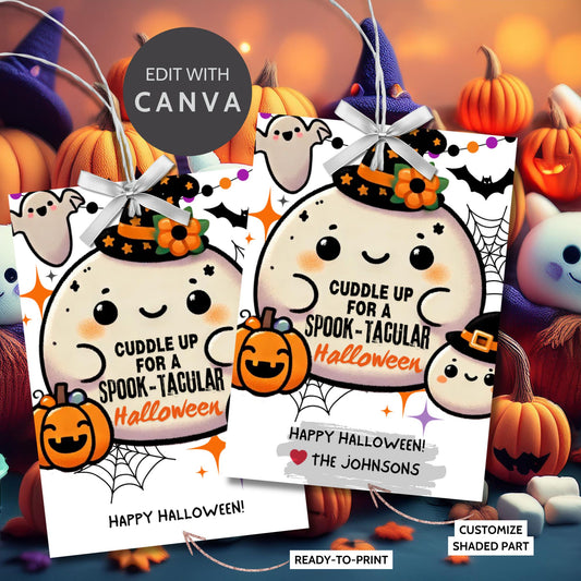 A set of cute, Squishmallow-themed Halloween gift tags featuring an adorable squishy ghost and pumpkin with witch hats. The tags say "Cuddle up for a Spook-Tacular Halloween!" Perfect for Squishmallow fans, these tags are 2.5 x 3.5 inches, laid out 8 per sheet, with a printable PDF and editable template included.