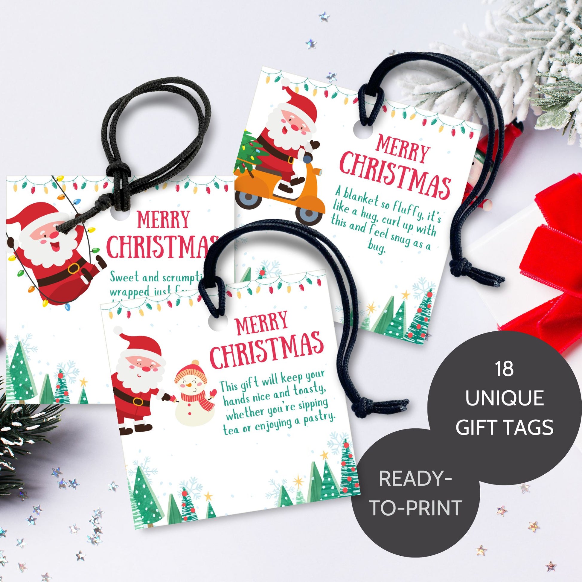 Festive Secret Santa gift tags featuring guessing poem clues, designed to bring fun and excitement to holiday gift exchanges, laid out 6 per sheet on 8.5 x 11 inches.