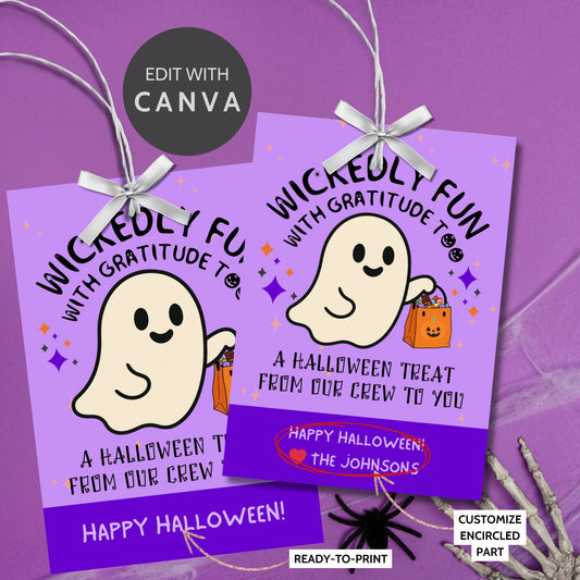Printable and editable Halloween gift tags reading “Wickedly Fun with Gratitude Too,” designed for employee or team appreciation gifts — spooky and fun office Halloween printable.