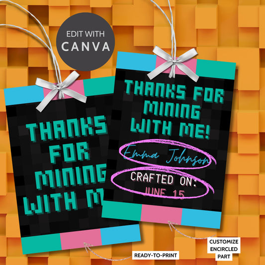 Minecraft-inspired printable thank you gift tag with blocky pixel font, editable name and date, and colorful border, ideal for gamer-themed parties