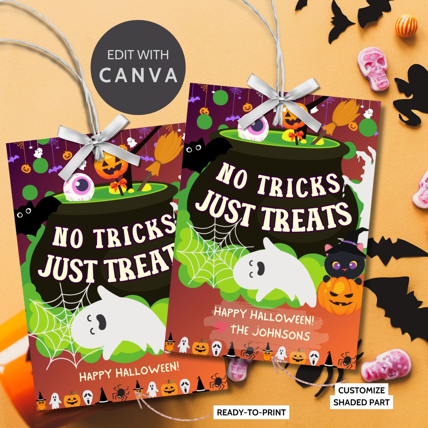 Halloween-themed printable gift tags with the message "No Tricks, Just Treats" featuring colorful cauldrons, ghosts, and pumpkins, perfect for treat gifts. Tags are 2.5 x 3.5 inches, laid out 8 per sheet on a standard 8.5 x 11-inch page. Includes a printable PDF and a PDF with a link to an editable Canva template.