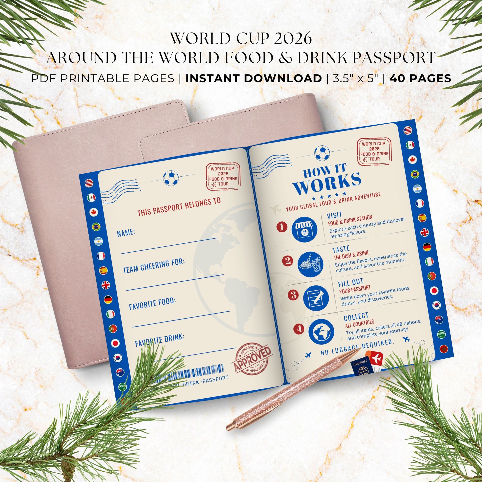 Vintage-inspired Around the World Food & Drink Passport printable featuring 48 World Cup nations, interactive food and drink rating pages, distressed passport stamps, continent divider pages, memory snapshots, Top 10 World Cup Flavors tracker, and official completion certificate in a royal blue, red, and cream travel-themed design.