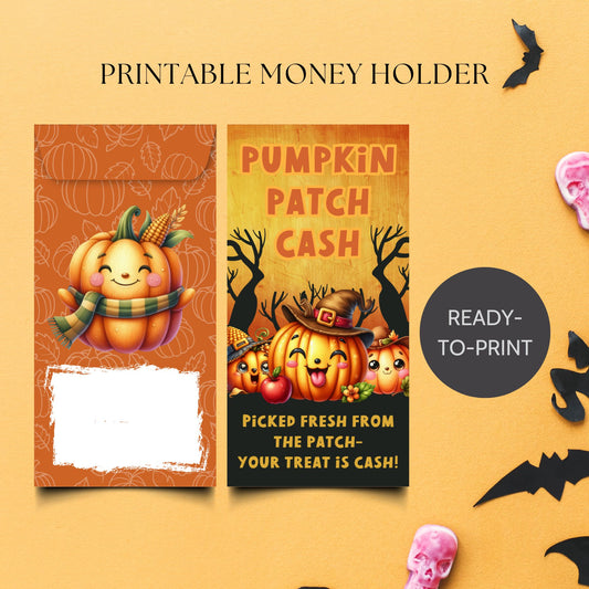 Halloween-themed printable money holder with pumpkins and text on a yellow background.