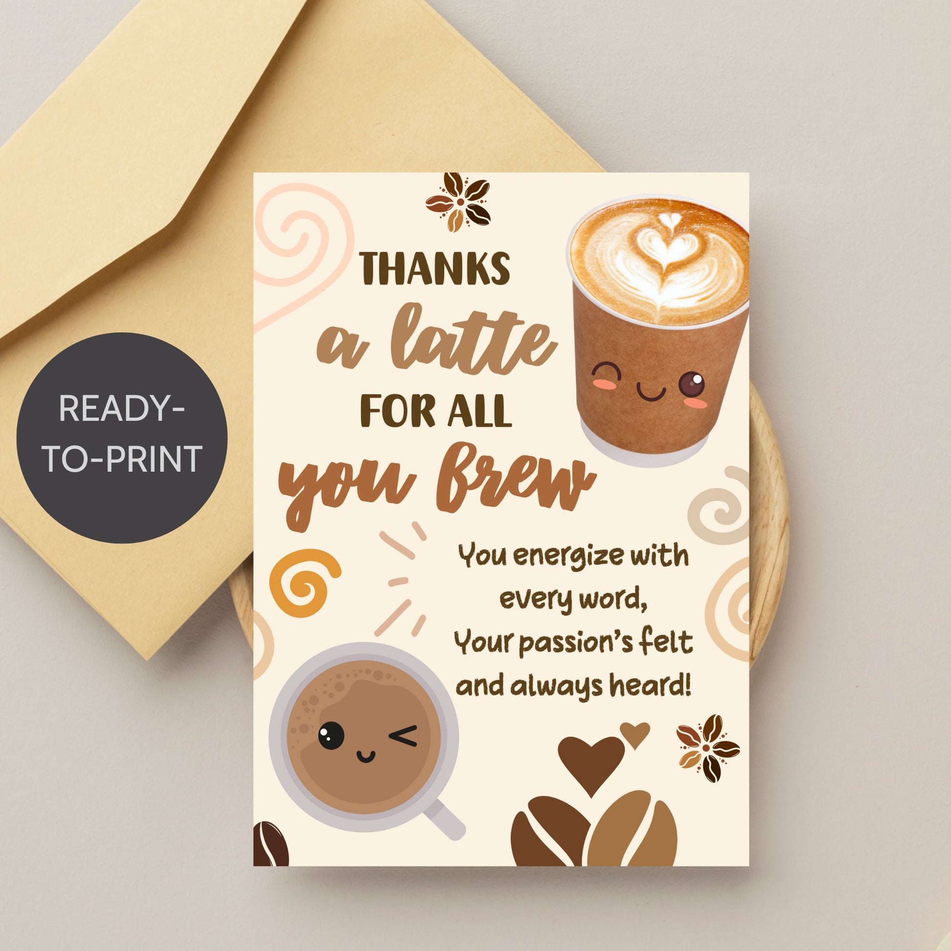 Printable 5x7 coffee-themed teacher card saying “Thanks a Latte for All You Brew” – digital download