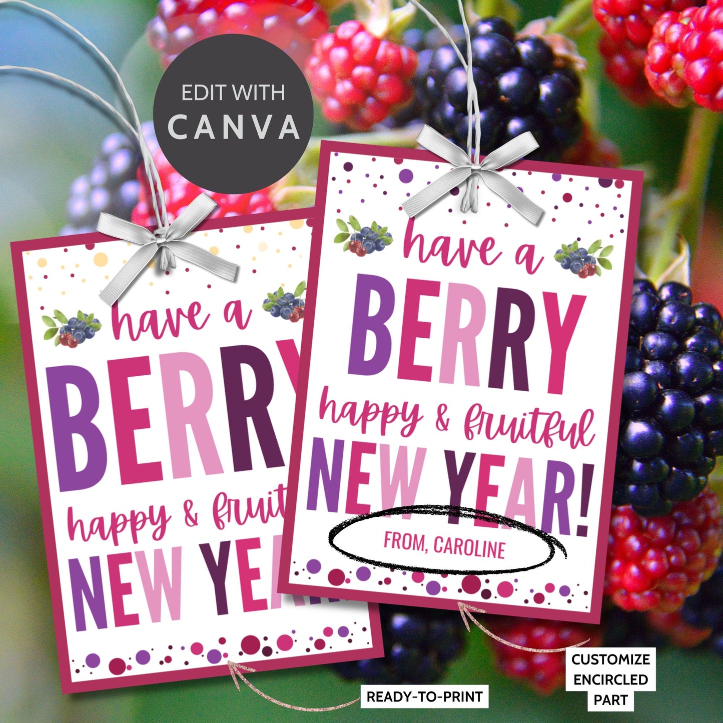 Berry-themed editable New Year gift tags with the message “Have a Berry Happy & Fruitful New Year!” laid out on an 8.5 x 11-inch sheet with 8 tags in vibrant berry colors.