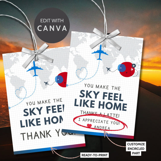 Printable aviation thank you gift tags in red, white, and blue colors with airplane design, ideal for flight crew appreciation gifts.