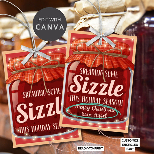 Printable "Spreading Some Sizzle This Holiday Season!" gift tags with a festive jar design, perfect for bourbon bacon jam or any spreadable treat. Includes printable PDF and editable Canva template.