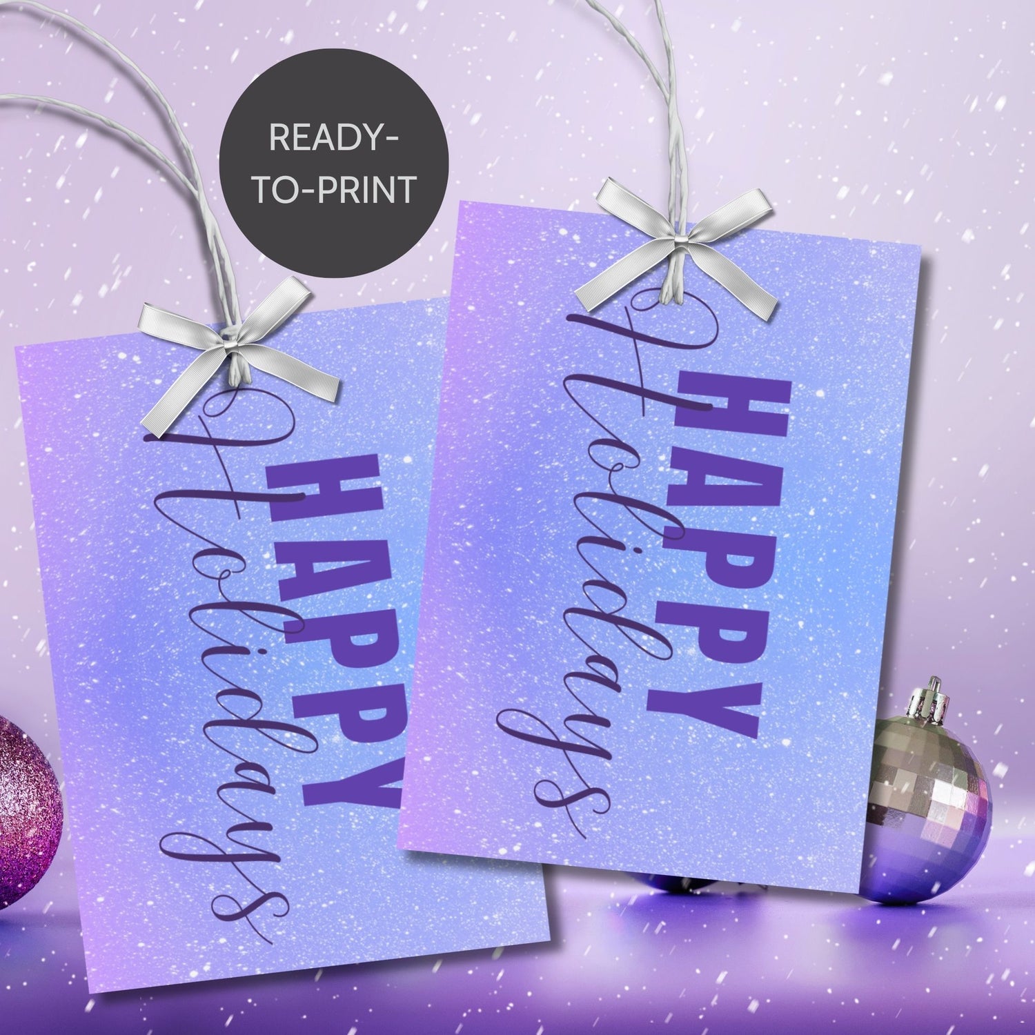 Printable Holiday gift tags featuring a lavender and sky blue gradient background with purple "Happy Holidays" text, sized 2.5 x 3.5 inches, 8 tags per sheet.