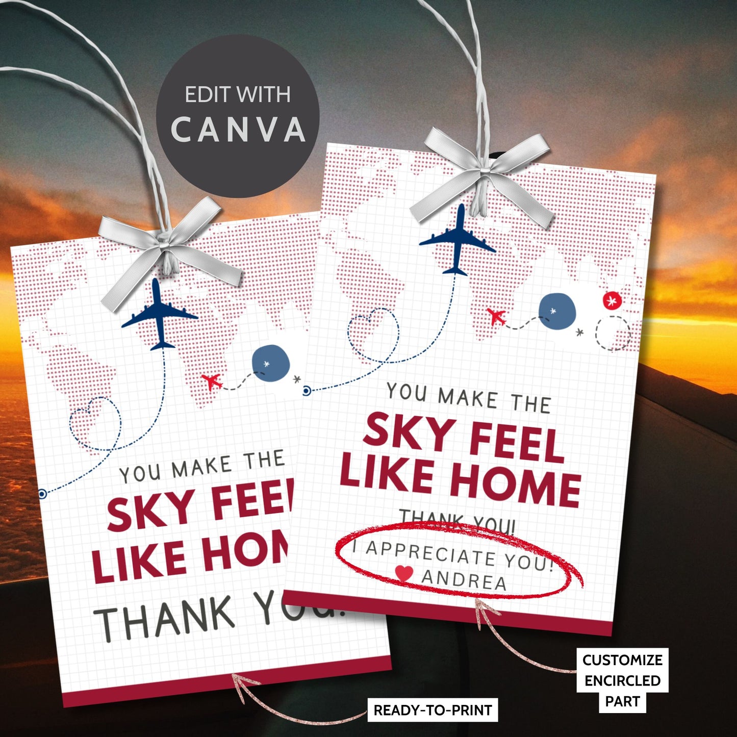 Printable and editable aviation-themed thank you gift tags with airplane illustration in red, navy, and sky tones, designed for flight crew appreciation gifts.