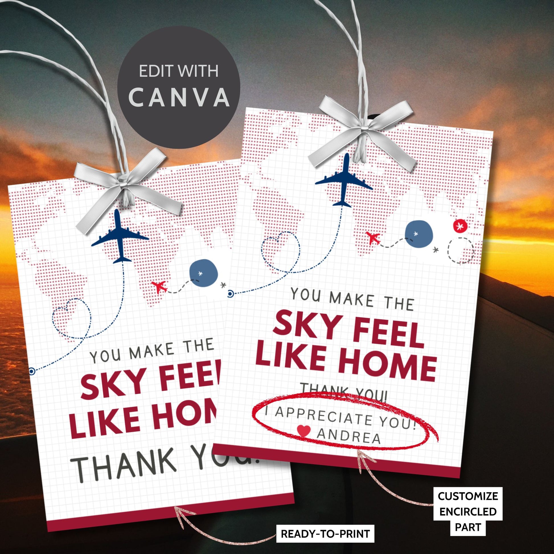 Printable and editable aviation-themed thank you gift tags with airplane illustration in red, navy, and sky tones, designed for flight crew appreciation gifts.