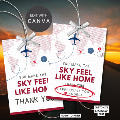 Printable and editable aviation-themed thank you gift tags with airplane illustration in red, navy, and sky tones, designed for flight crew appreciation gifts.