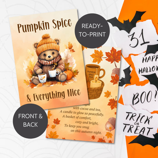 Printable double-sided Pumpkin Spice & Everything Nice Boo Basket Cards (5x7 PDF) – cozy fall and Halloween gift basket inserts.
