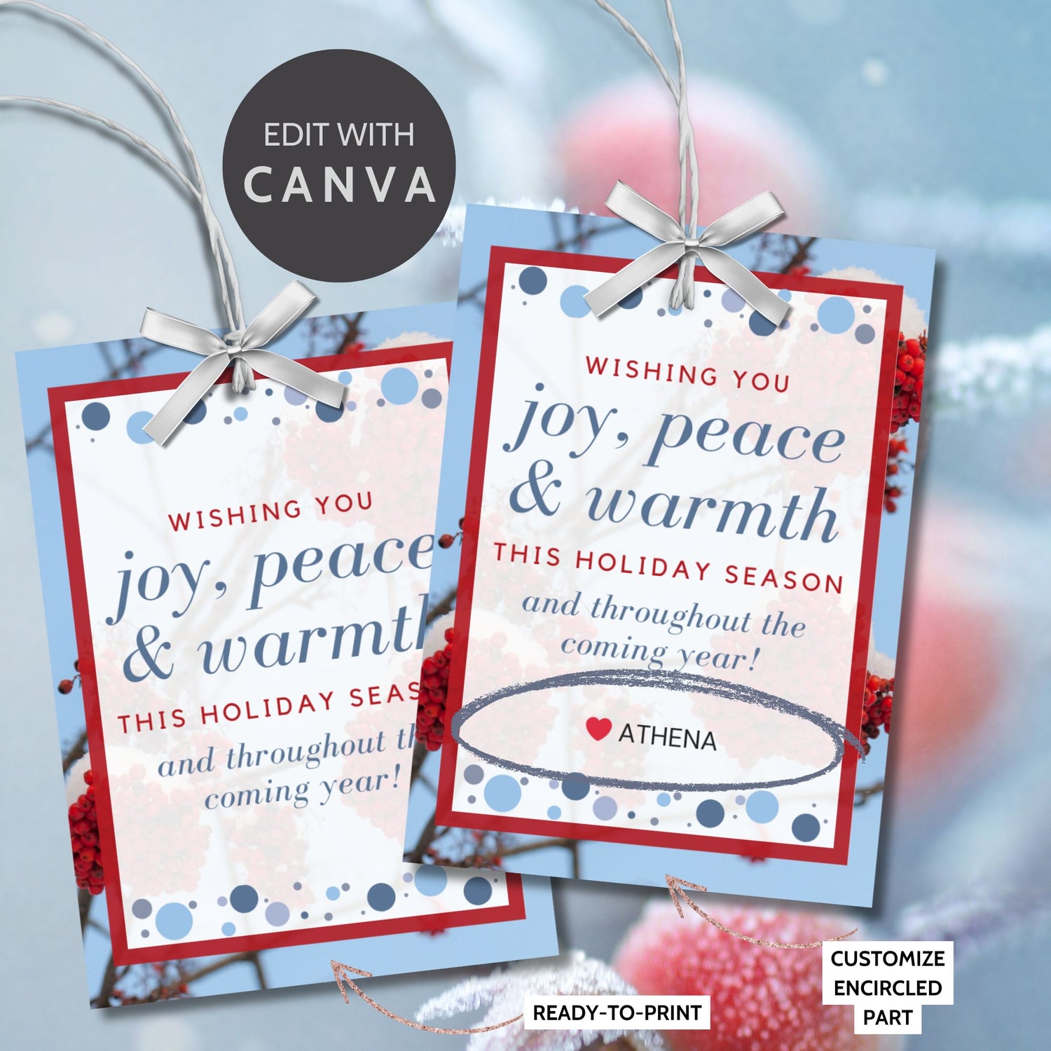 A set of eight printable and editable Christmas gift tags featuring an elegant icy blue and fiery red color palette, designed with a festive message. Each tag measures 2.5 x 3.5 inches, laid out on an 8.5 x 11-inch sheet, perfect for adding a personalized holiday touch.