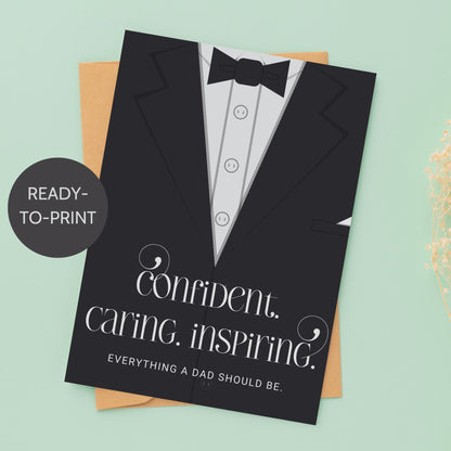 Father's Day card printable with bold text 'Confident. Caring. Inspiring.' featuring a minimalist design of a suit and tie in grayscale tones.