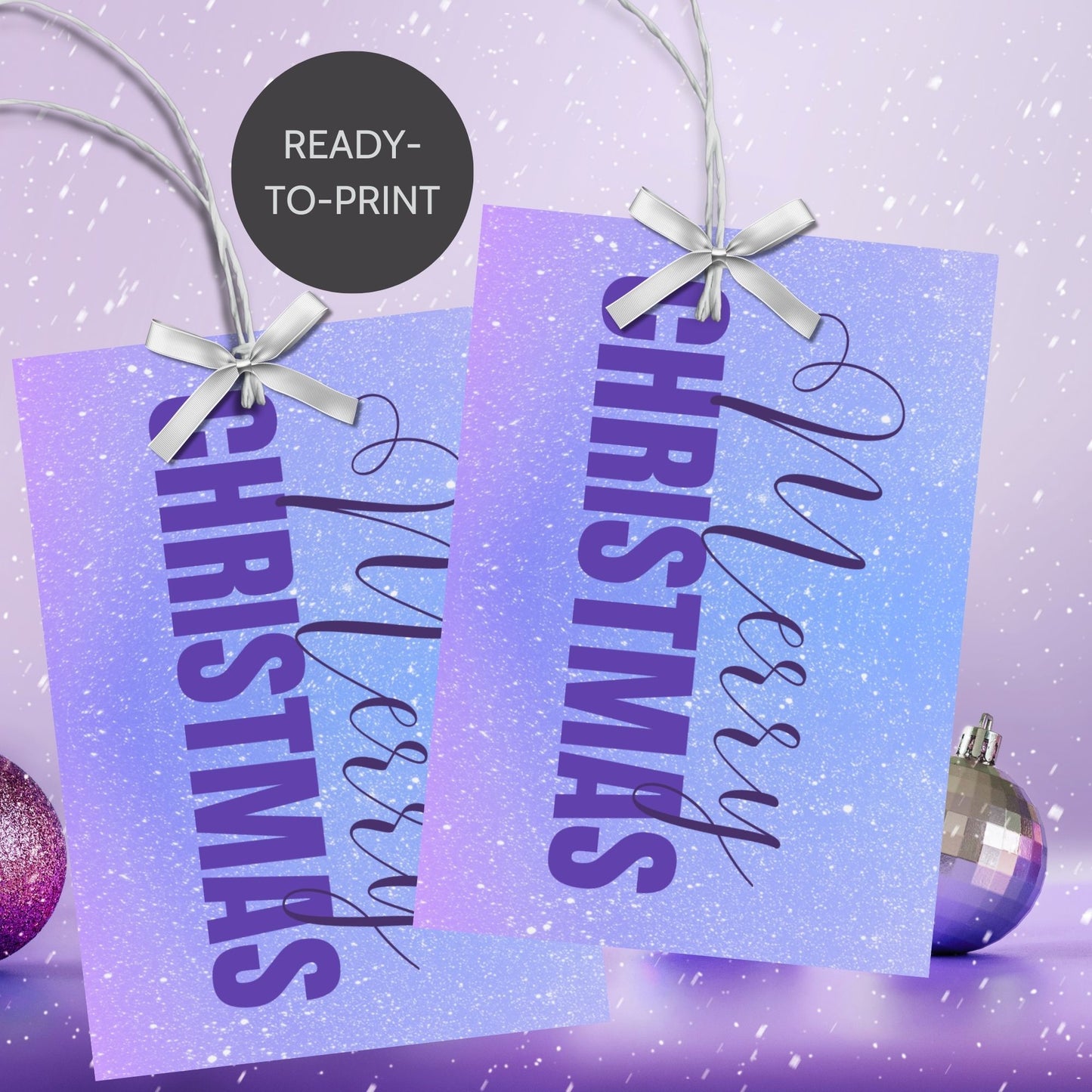 Printable Christmas gift tags featuring a lavender and sky blue gradient background with purple "Merry Christmas" text, sized 2.5 x 3.5 inches, 8 tags per sheet.