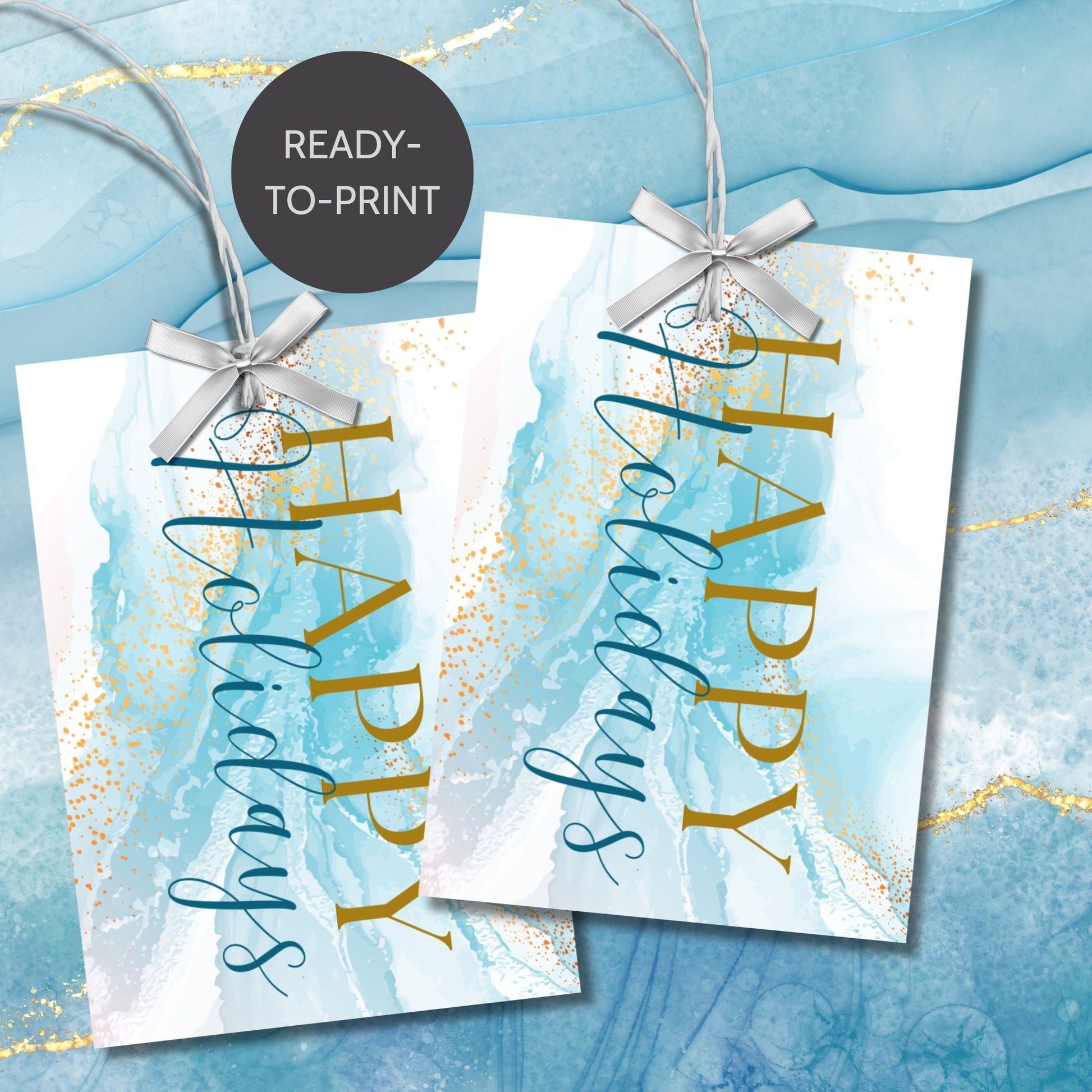 Blue and gold marble Holiday gift tags featuring a luxurious design with gold accents and elegant "Happy Holidays" text, sized 2.5 x 3.5 inches, 8 per sheet.