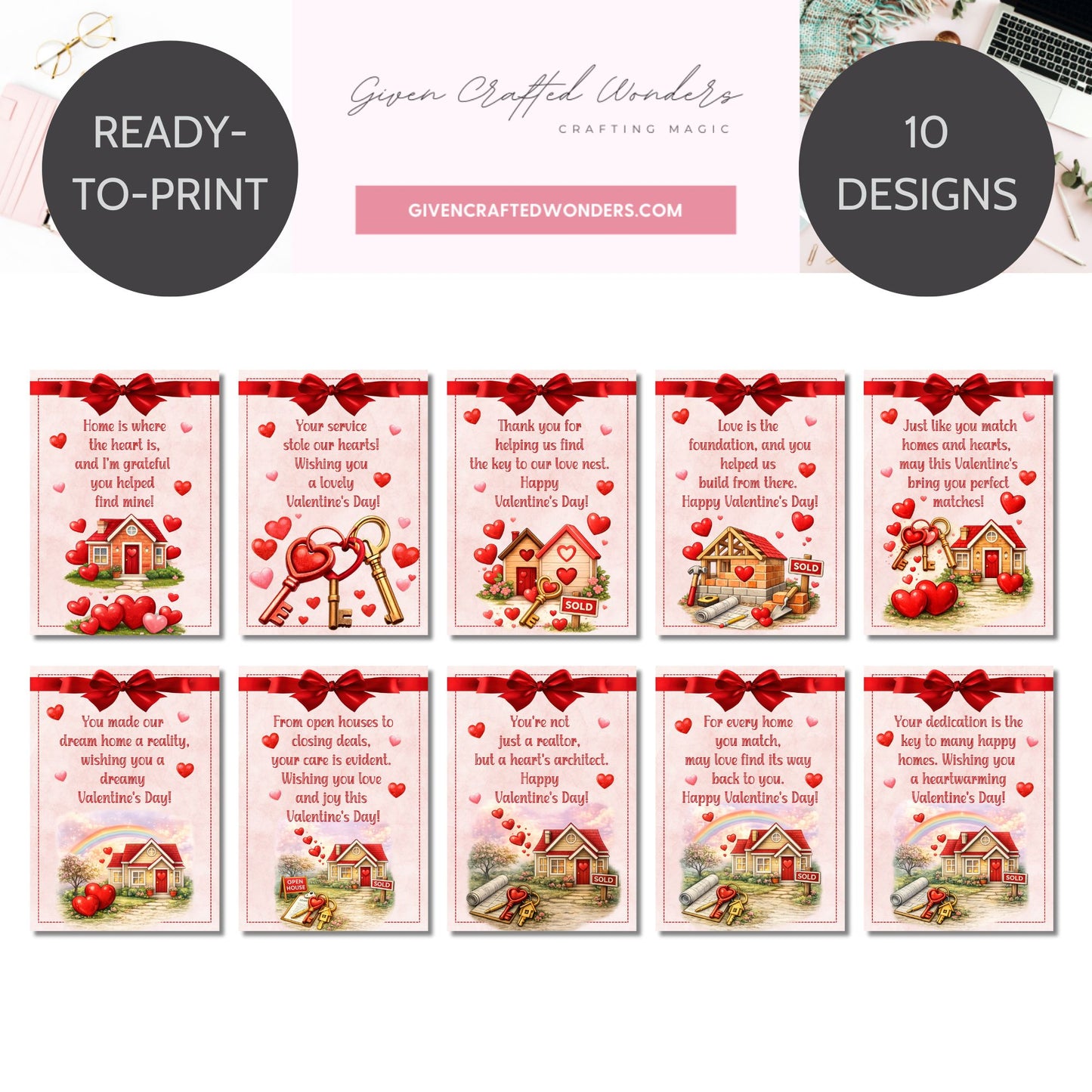 Printable Valentine’s Day cards for realtors featuring real estate themed illustrations, hearts, keys, and homes, designed as professional 5x7 thank you cards for real estate client appreciation.