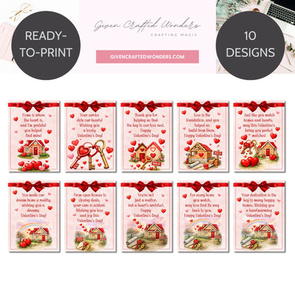 Printable Valentine’s Day cards for realtors featuring real estate themed illustrations, hearts, keys, and homes, designed as professional 5x7 thank you cards for real estate client appreciation.