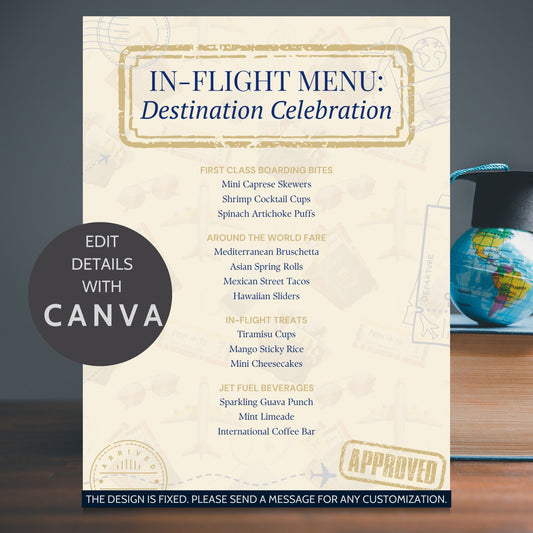 Editable travel-themed graduation menu with sections for international fare and jet fuel beverages, inspired by airline in-flight service. 8.5 x 11 Canva template.