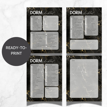 Printable Dorm Checklist with a stylish black marble design, listing all essential items for college students.