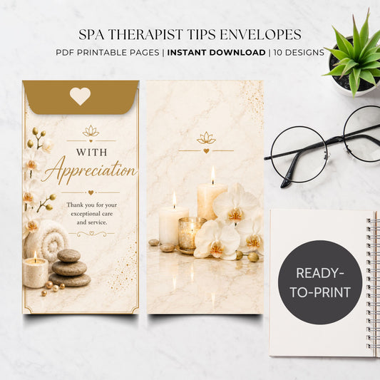 Printable Spa Therapist Tip Envelopes Bundle | 10 Elegant Spa Thank You Money Holders | Massage Therapist Appreciation Gift | Instant Download PDF