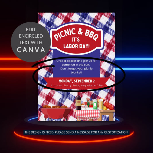 Picnic-themed Labor Day BBQ invitation featuring a red, white, and blue checkered blanket design with BBQ and picnic elements.