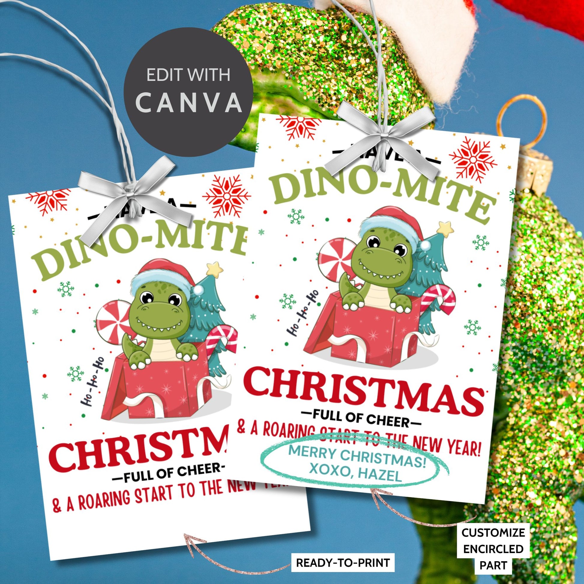 Adorable dinosaur-themed Christmas gift tags featuring a festive green dino in a Santa hat and the message 'Have a Dino-Mite Christmas full of cheer & a roaring start to the New Year!' Perfect for adding a playful touch to holiday gifts.