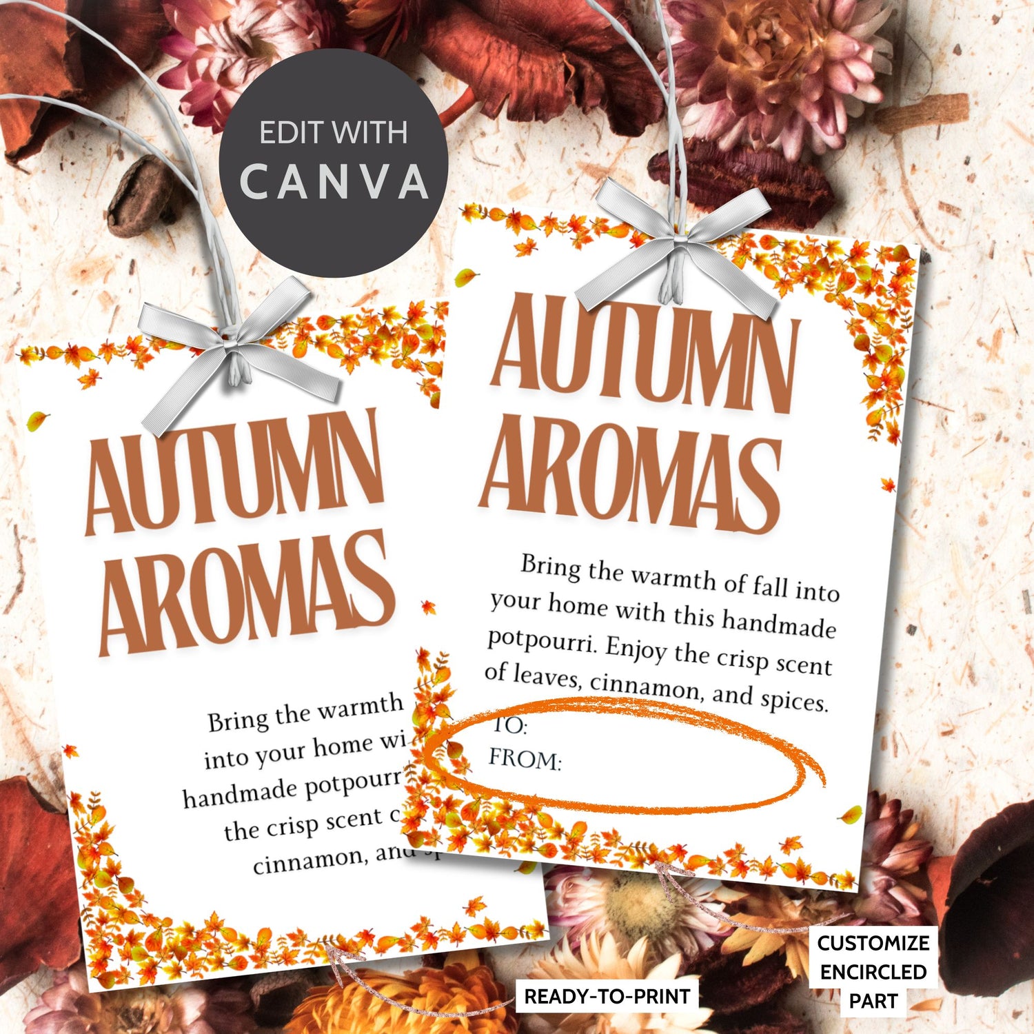 Printable 'Autumn Aromas' fall gift tags with a festive leaf border, perfect for seasonal gifting, potpourri, and Thanksgiving presents. Includes customizable To/From sections for a personalized touch.