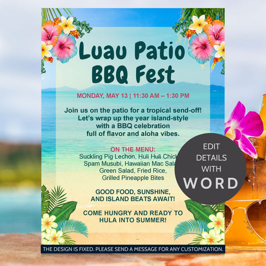 Editable Luau BBQ Fest flyer featuring a tropical beach background, vibrant florals, and customizable text for summer-themed events, school parties, or corporate cookouts.