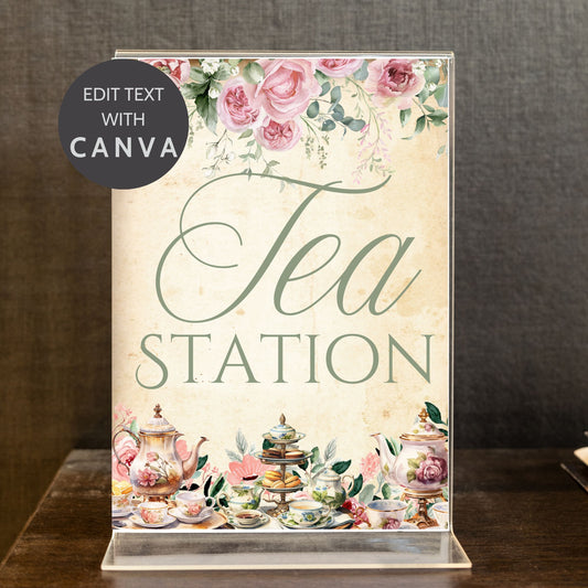 A vintage-inspired botanical tea party table sign set featuring elegant floral illustrations, antique parchment textures, and refined typography. 8.5x11-inch, fixed design with editable text in Canva, perfect for bridal showers, afternoon teas, and garden parties.