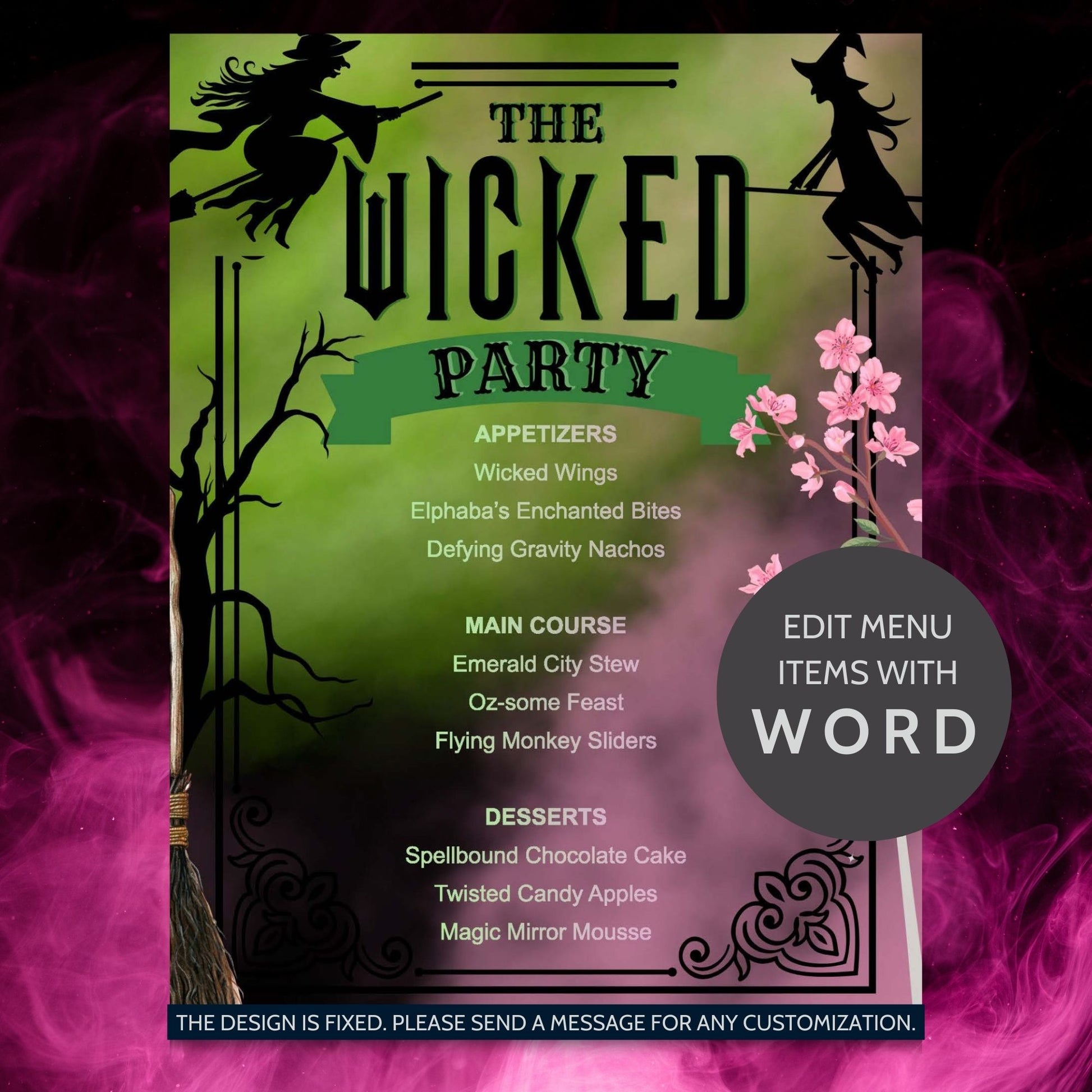 Editable Wicked-inspired menu template featuring enchanting dish names like Wicked Wings, Emerald City Stew, and Magic Mirror Mousse, perfect for a themed party or Halloween event.