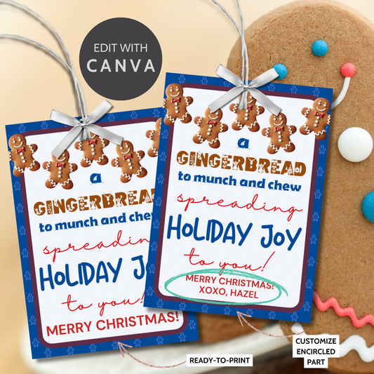 Printable and editable Christmas gift tags featuring a gingerbread theme, perfect for gingerbread marshmallow treats or holiday cookies, customizable on Canva, with 8 tags per 8.5 x 11 sheet.