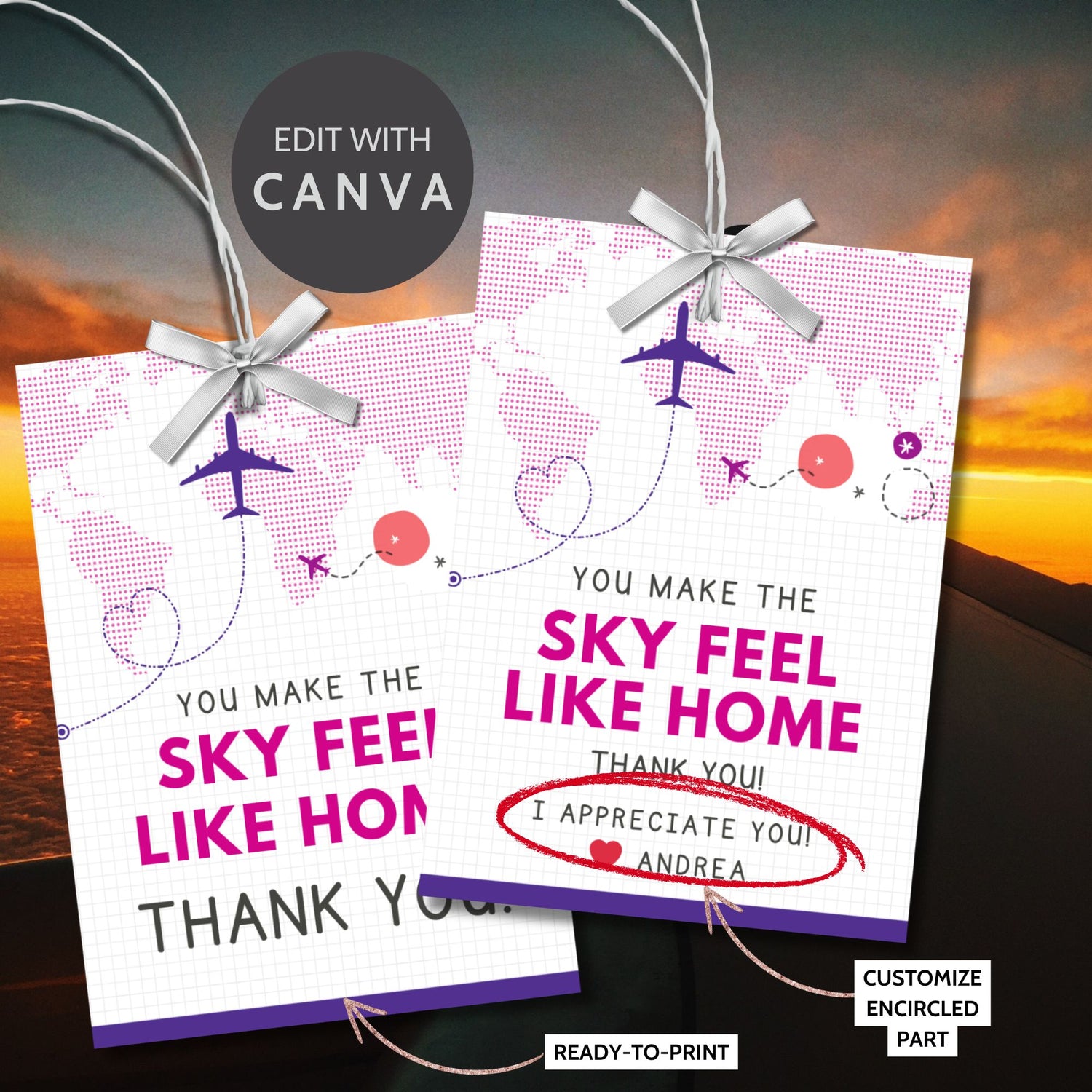 Printable tropical aviation thank you gift tags with airplane illustration and island-inspired colors, designed for flight crew appreciation gifts.