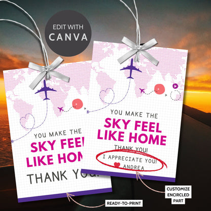 Printable tropical aviation thank you gift tags with airplane illustration and island-inspired colors, designed for flight crew appreciation gifts.