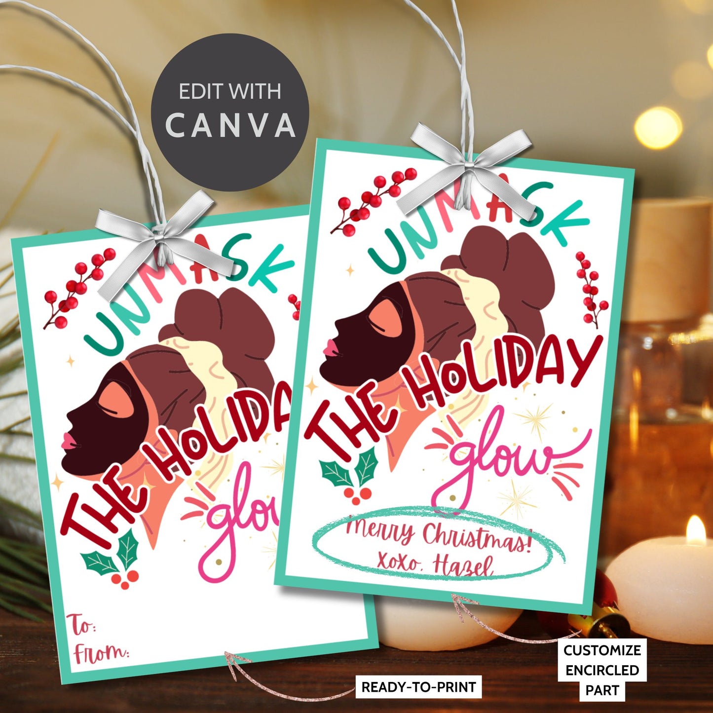 Christmas gift tags featuring a festive design with facial masks and the message "Unmask the Holiday Glow." These printable and editable tags are perfect for beauty gifts like skincare sets or facial masks, adding a touch of luxury to holiday presents.