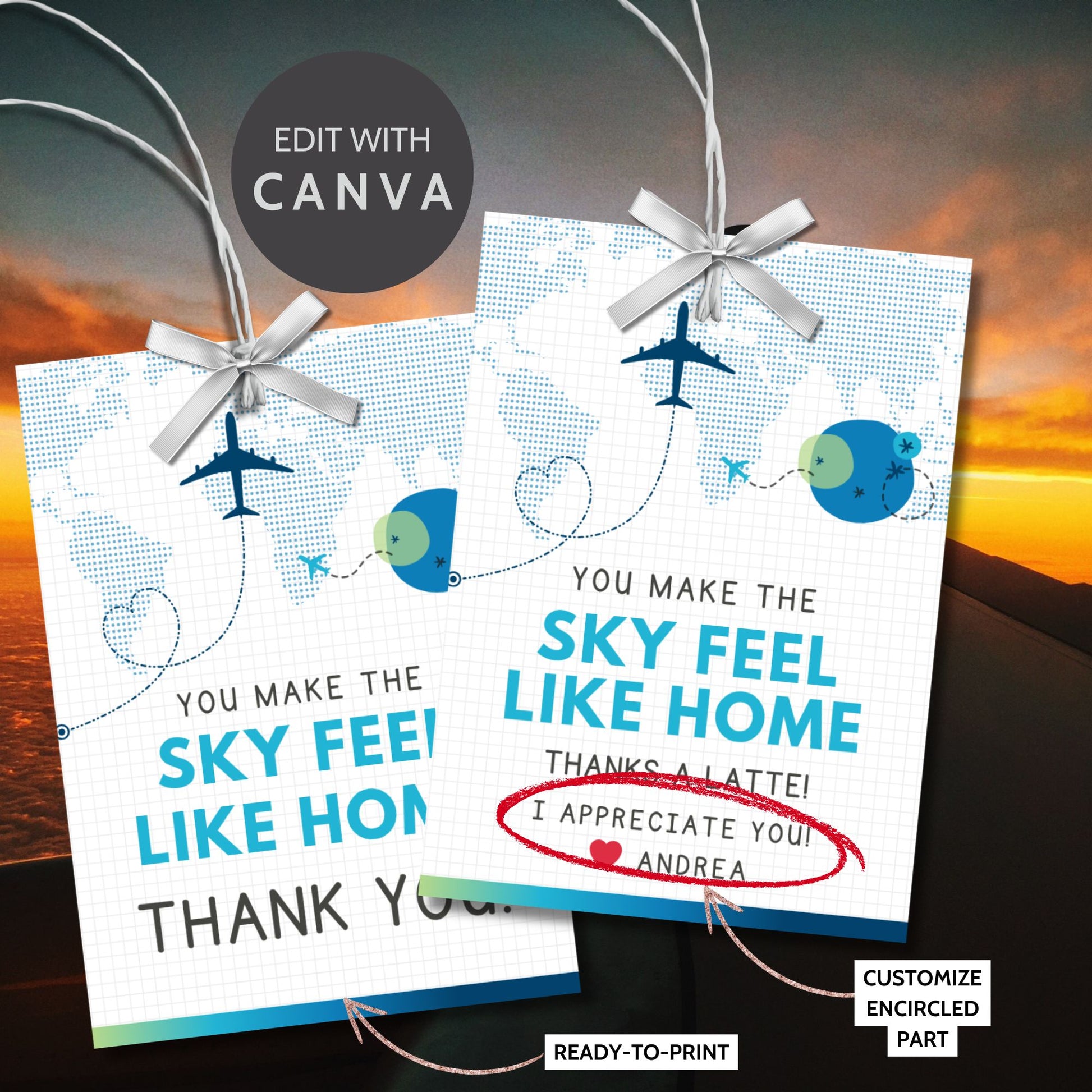 Printable aviation thank you gift tags in cool blue and teal tones with airplane design, created for flight crew appreciation gifts.