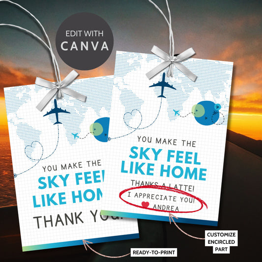 Printable aviation thank you gift tags in cool blue and teal tones with airplane design, created for flight crew appreciation gifts.