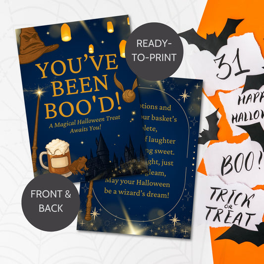 Printable double-sided Harry Potter–inspired “You’ve Been Boo’d” Boo Basket Card (5x7 PDF) – wizard-themed Halloween gift insert with magical design.